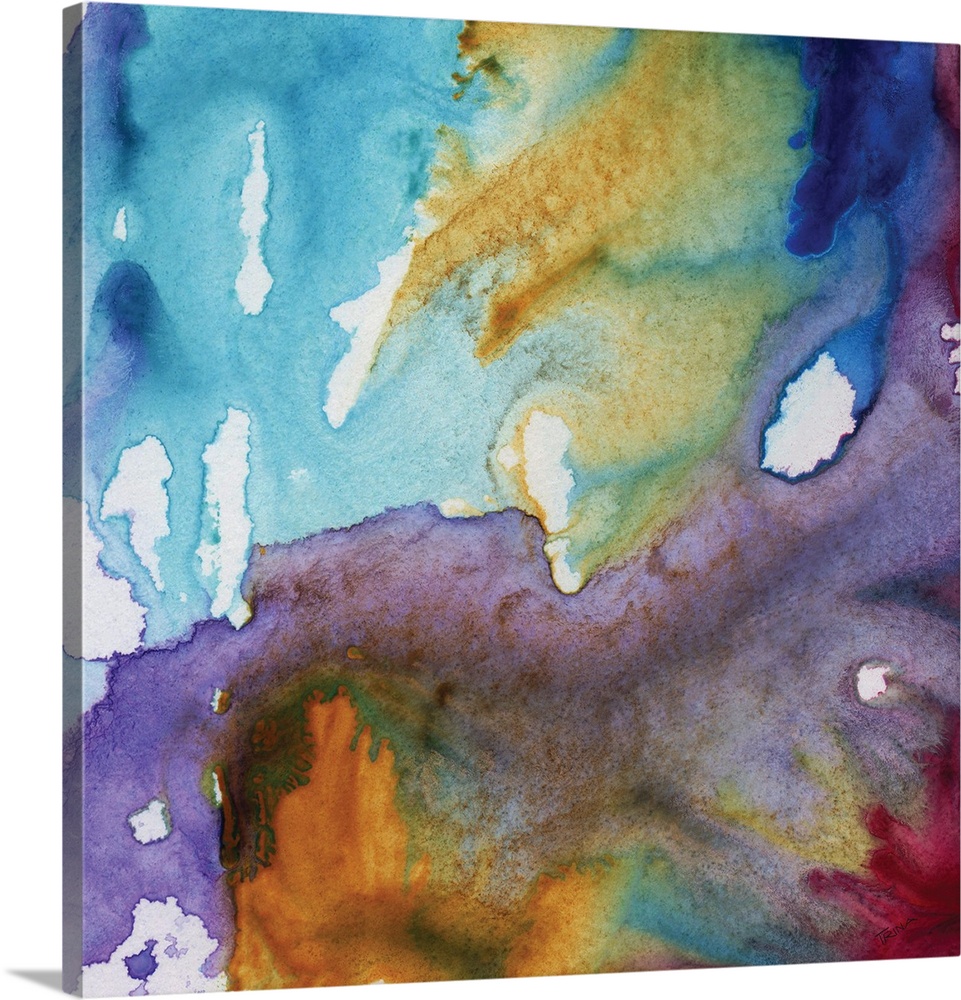 Abstract watercolor painting of blending shades of blue and purple.