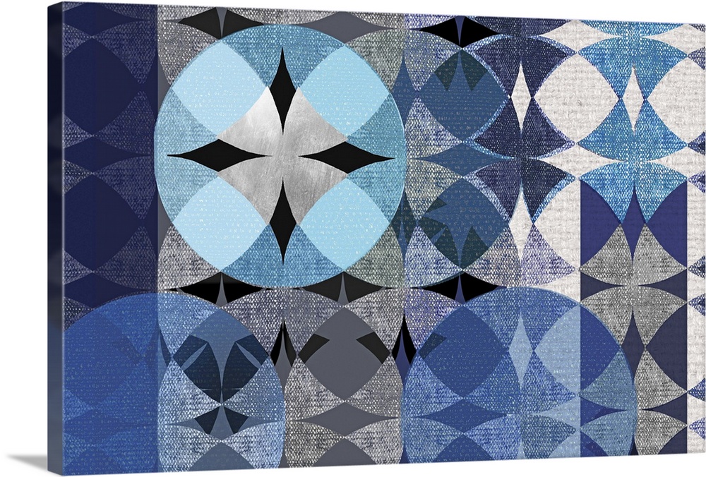 Abstract art with overlapping and repeating shapes and designs in shades of blue and grey resembling a modern quilt pattern.