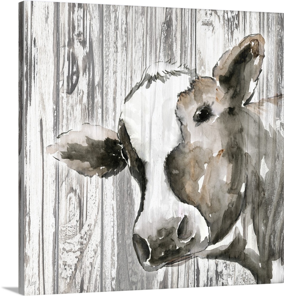 Decorative artwork of a cow with a rustic wood backdrop.