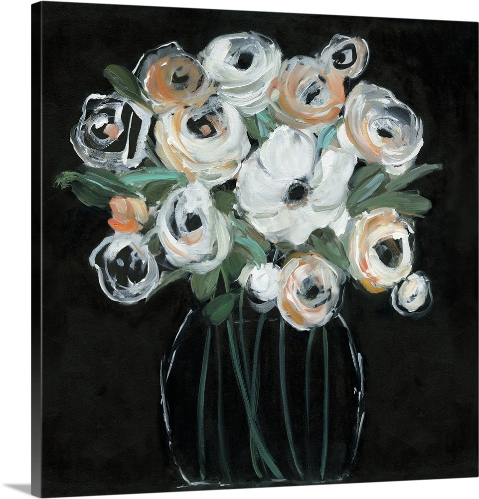Square painting with white and orange flowers in a glass vase on a solid black background creating contrast.