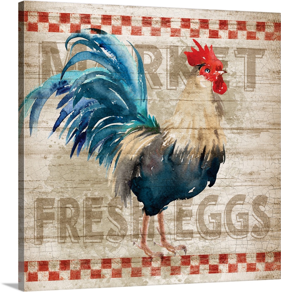 Square kitchen art with a watercolor rooster painted on a sign that reads "Market Fresh Eggs" in the background.