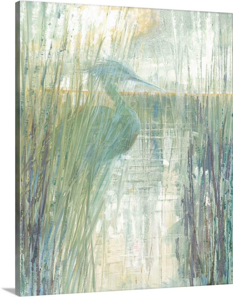 Contemporary painting of an egret on the marsh behind tall beach grass in pale green, blue, purple, and yellow hues.