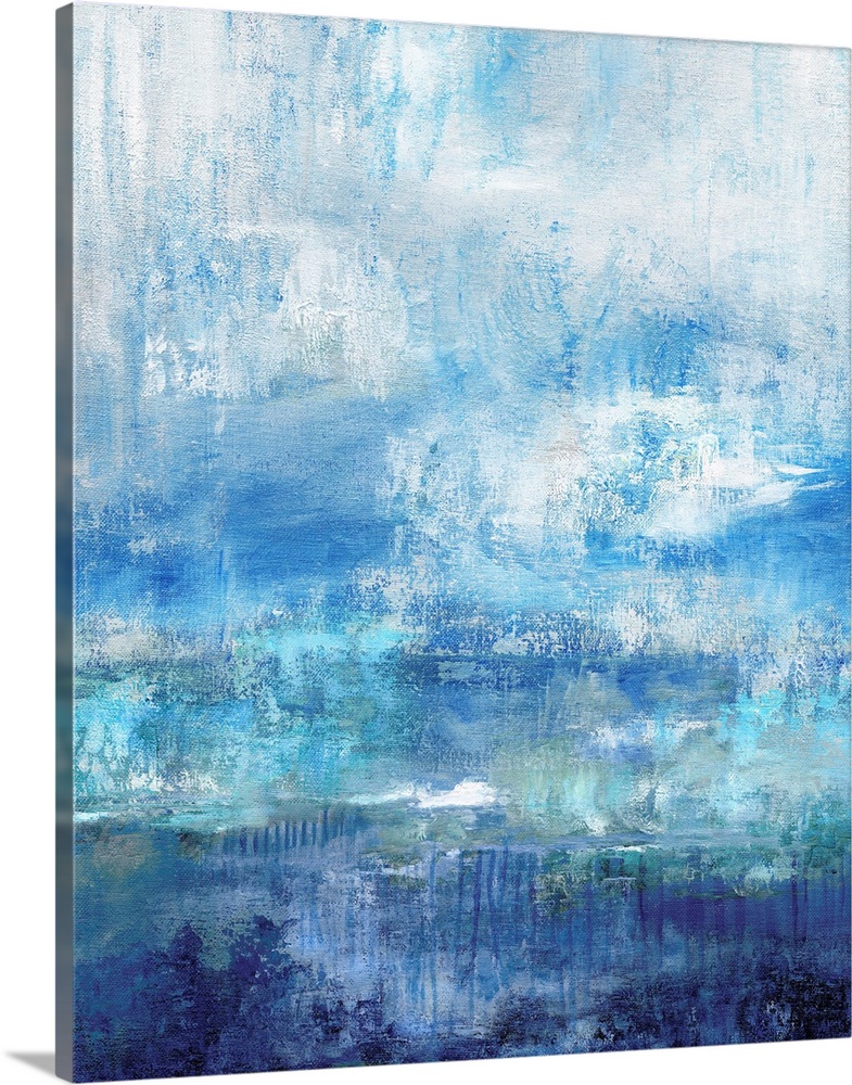 Abstract painting with different shades of blue and a white overlay resembling mist.