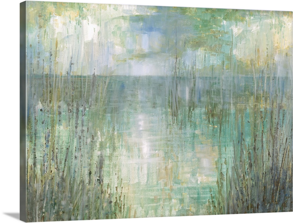 Abstract landscape painting of the ocean behind tall beach grass in pale green, blue, purple, and yellow hues.