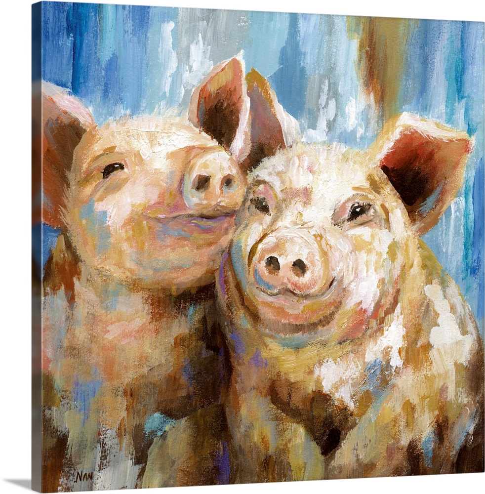 Contemporary portrait of two happy pigs.