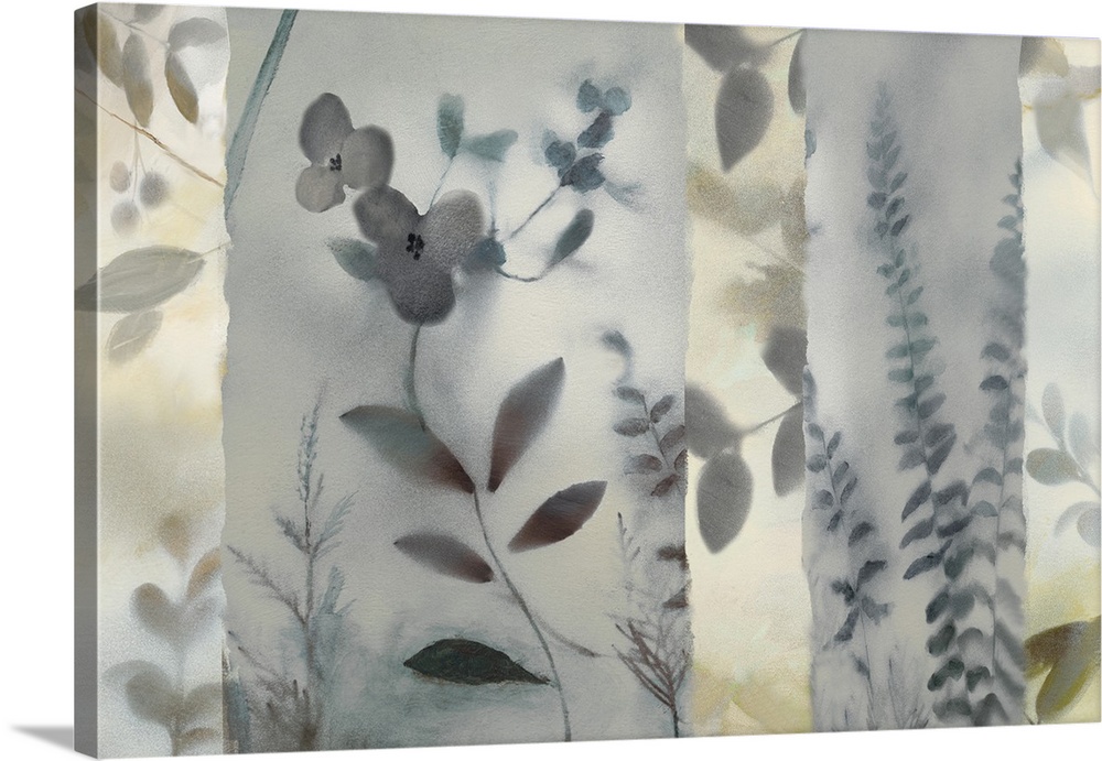 Large abstract painting of flowers and plants in shades of grey and yellow.