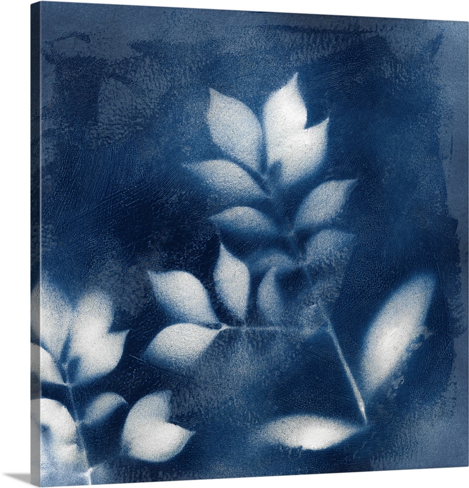 Square indigo painting of white silhouettes of leaves.