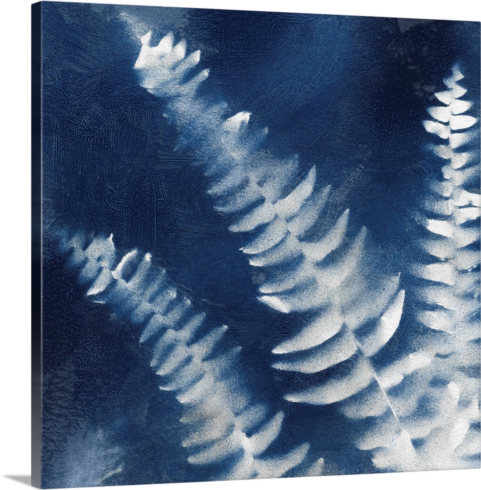 Square indigo painting of white silhouettes of fern leaves.