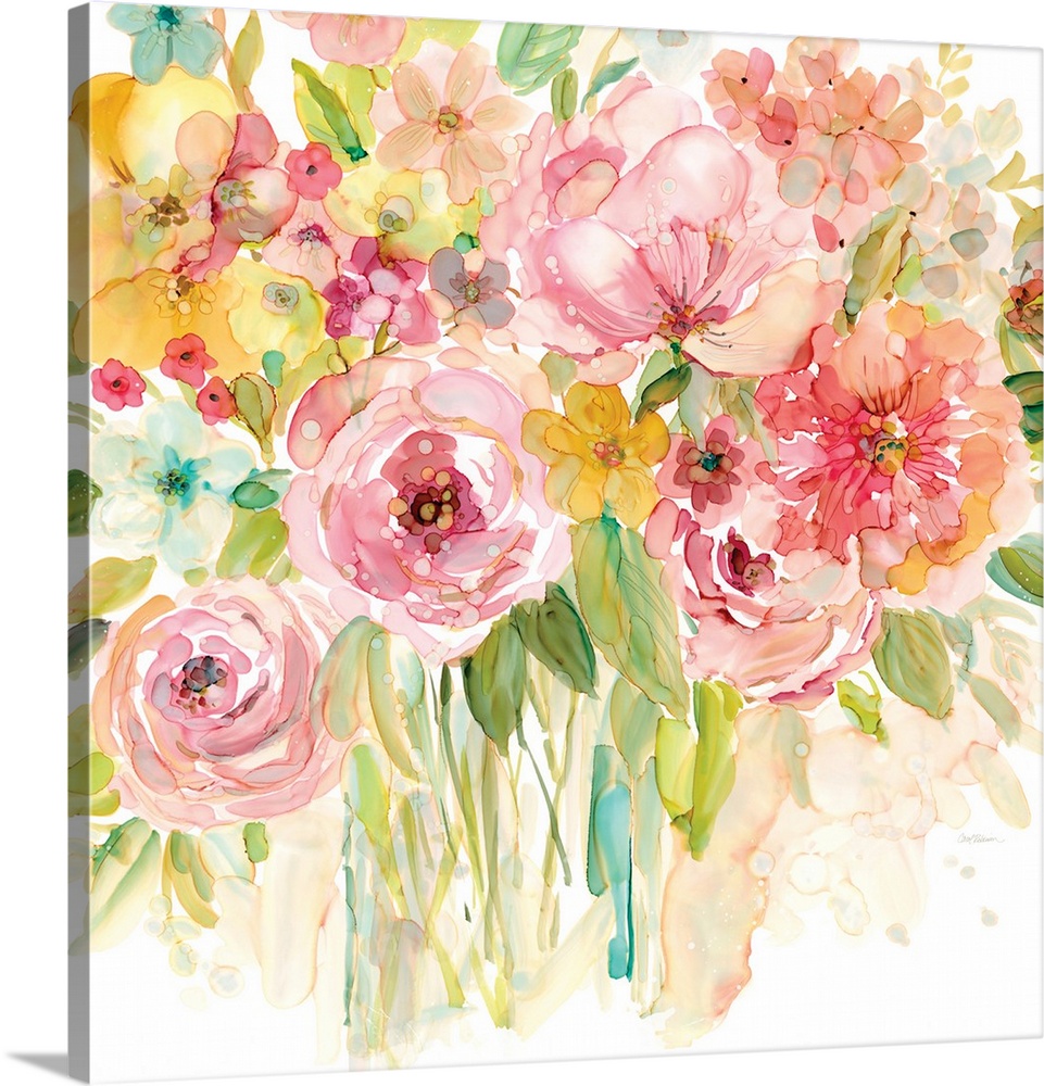 Square watercolor painting of a bouquet of pink and yellow flowers.