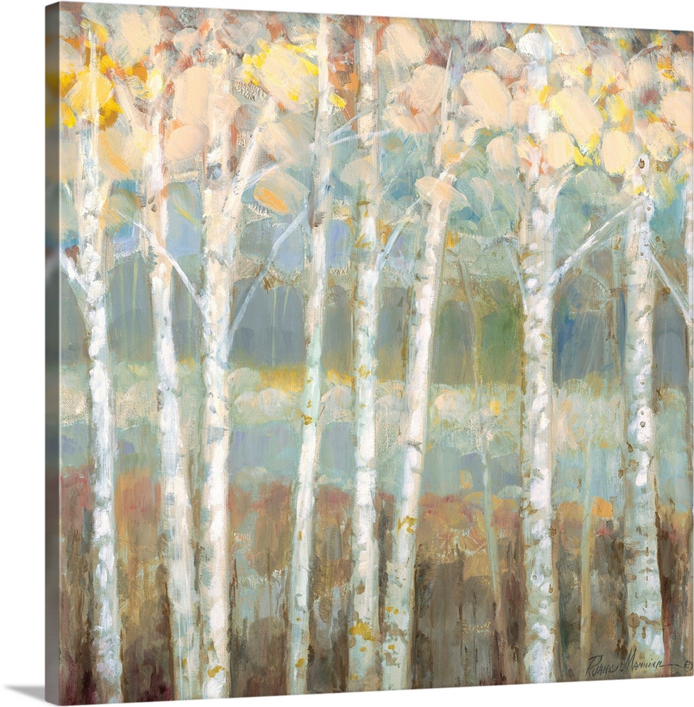 Square painting of an abstract  tree covered landscape with light hues.
