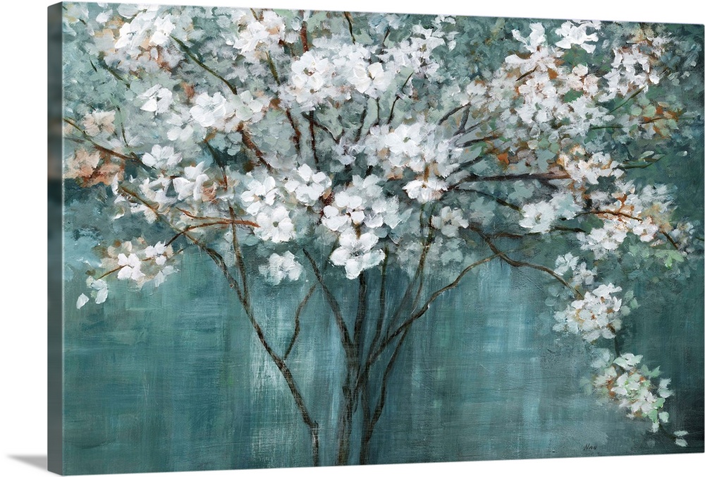Contemporary painting of a thin limbed tree with white flower blossoms on a dark teal background.