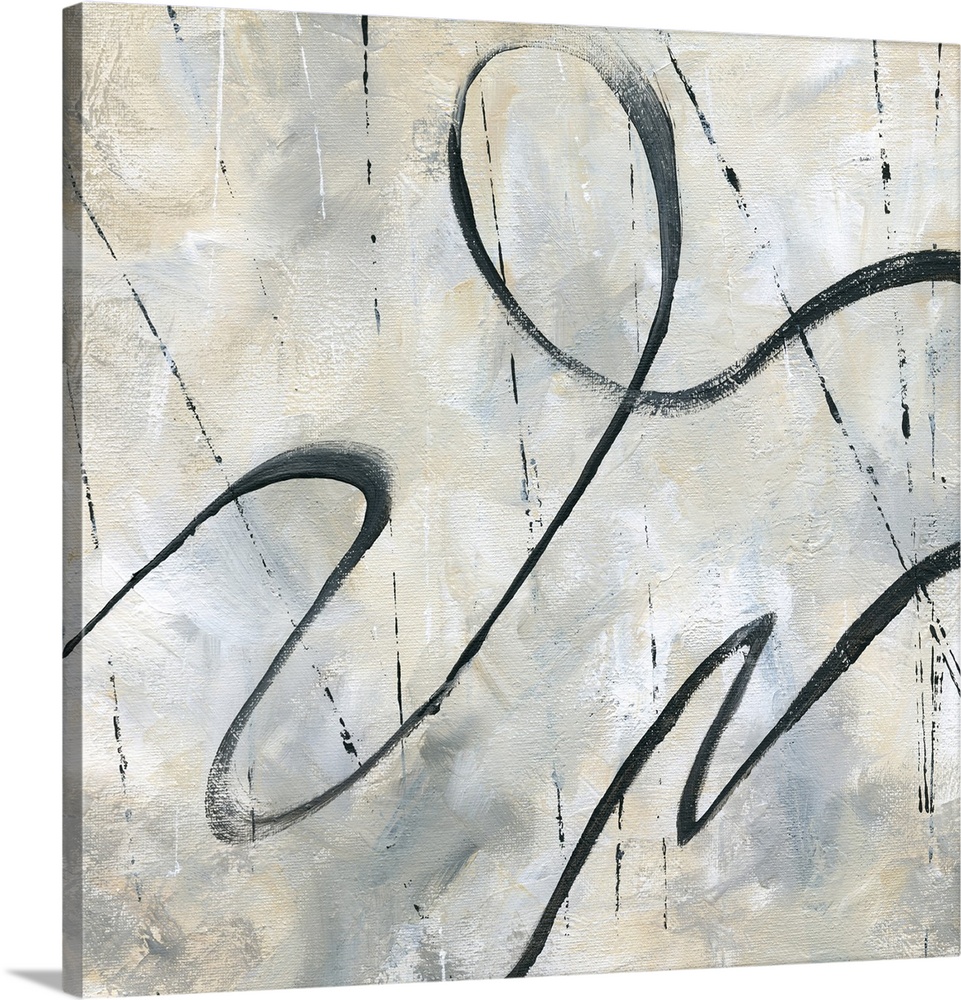 Square abstract painting with black squiggly lines mixed with thin straight lines on a neutral colored background.