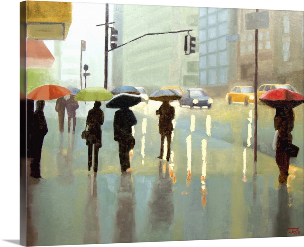 Contemporary painting of pedestrians under umbrellas on a rainy New York city day.