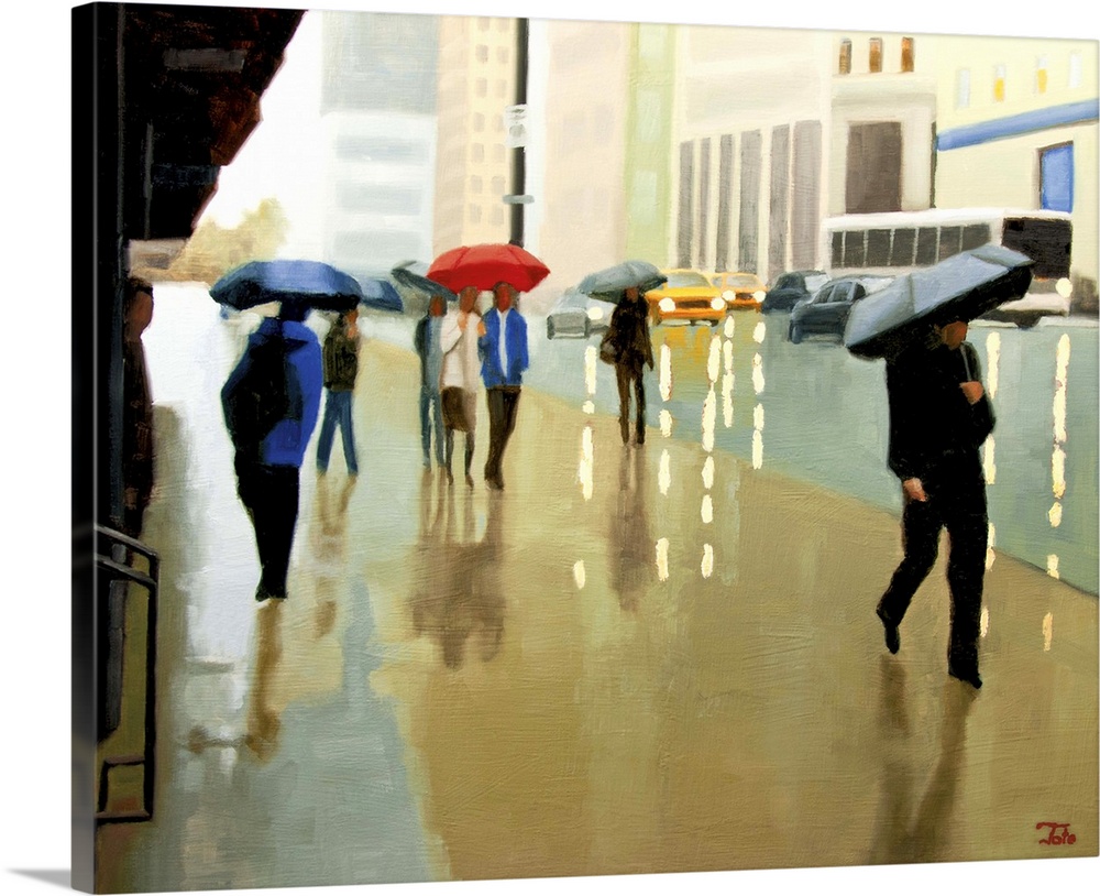 Contemporary painting of pedestrians under umbrellas on a rainy New York city day.