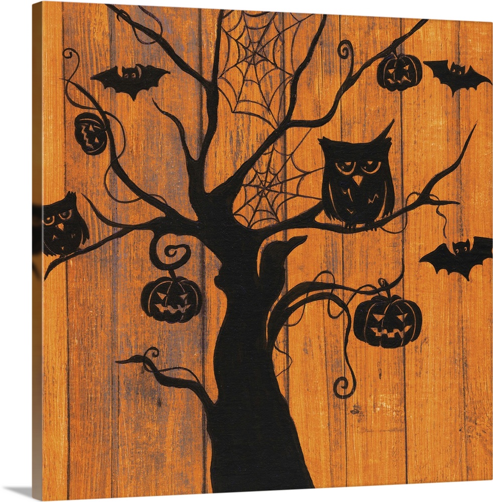 A decorative Halloween painting of a spooky tree with owls, bats, jack o lanterns, and spider webs painted on an orange wo...