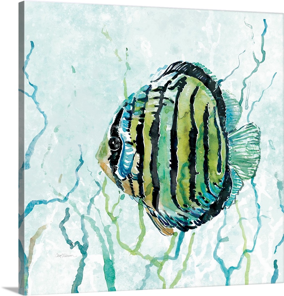 Square watercolor painting of a fish swimming through seaweed in the Outer Banks in shades of blue and green.