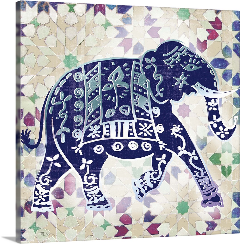Square decor with an indigo elephant that has beautiful designs on top of a patterned background.