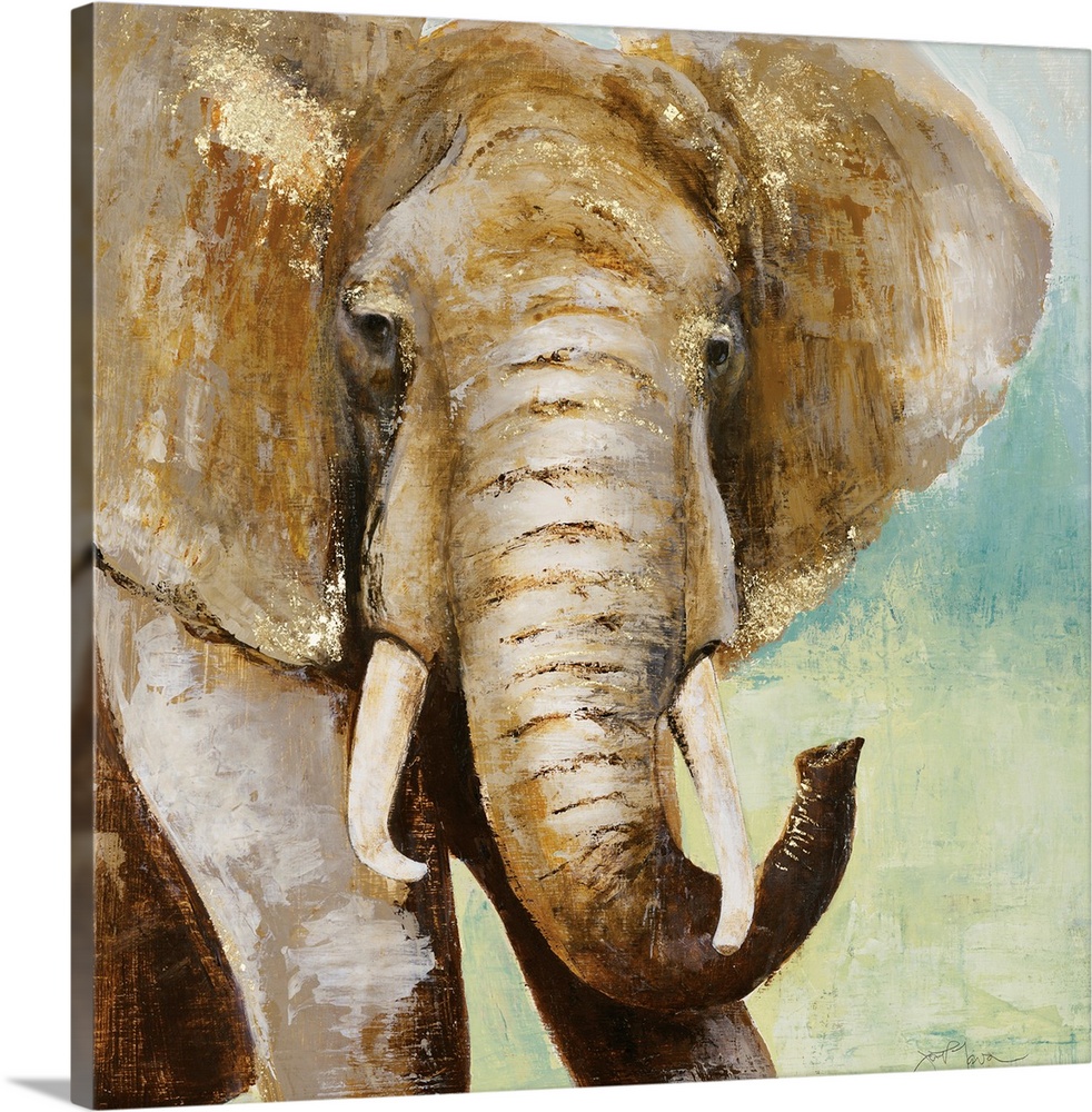 Square painting of an elephant in brown tones with metallic gold highlights, on a blue and green background.
