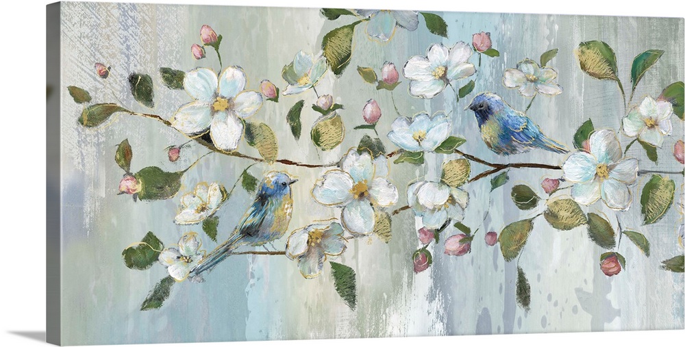 Contemporary painting of two blue birds perched on a branch with white flowers, pink flower buds, and green leaves with go...