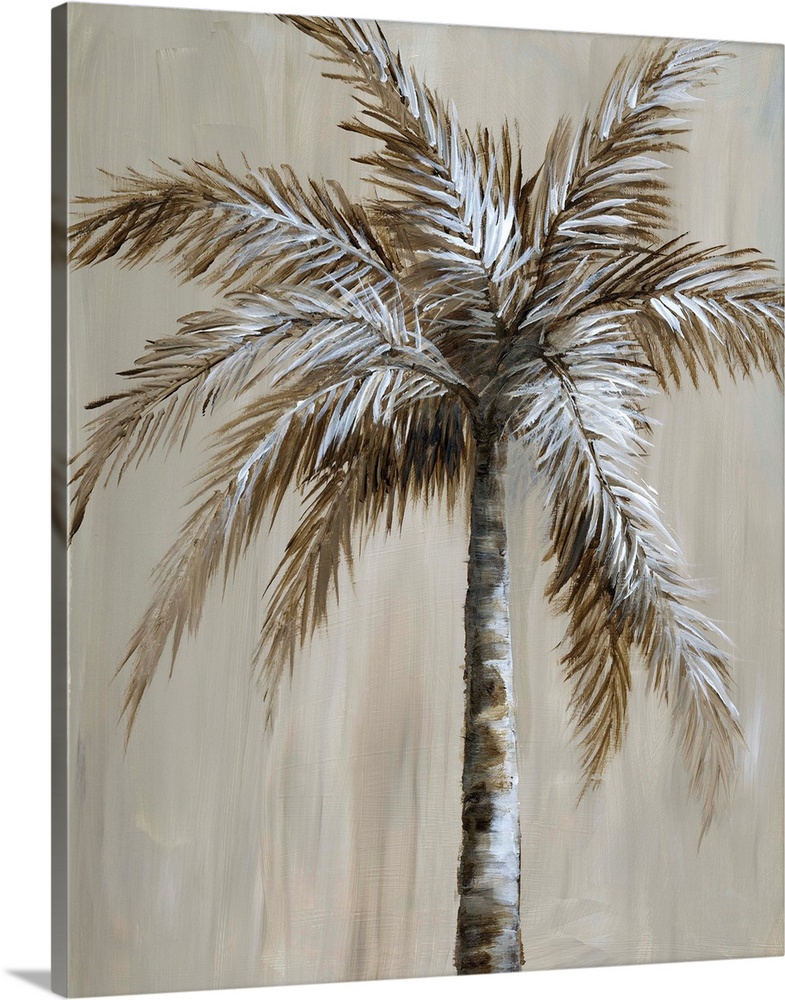Contemporary painting of a single palm tree in brown and white tones.