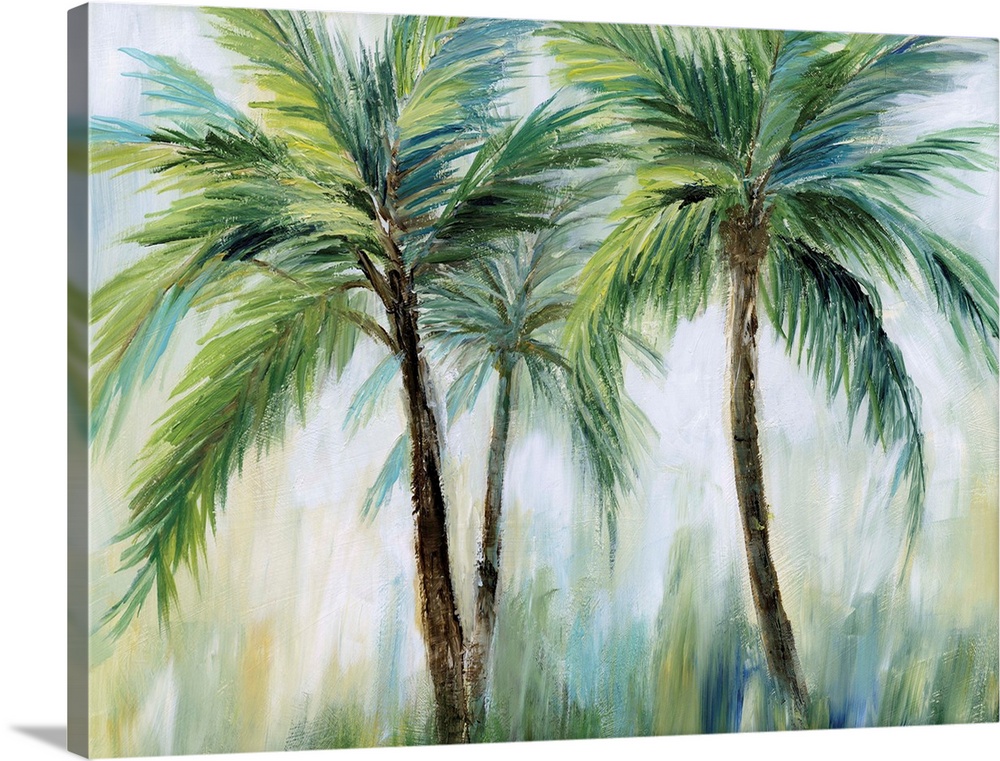 Large palm tree landscape painting in shades of blue, green, yellow, and white.
