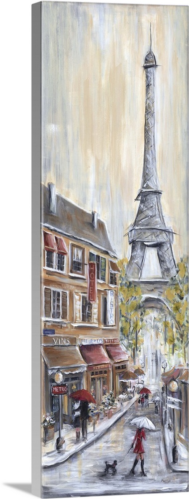 A contemporary painting of a  rainy street scene in Paris, the Eiffel Tower in the background, and a lady in a red coat wi...
