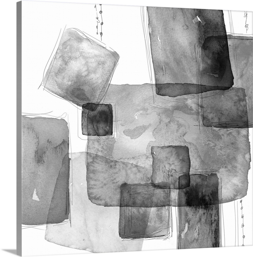 Abstract watercolor painting of square shapes in shades of grey.