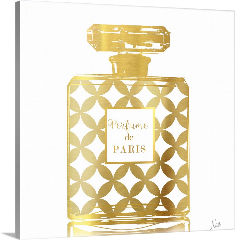 Fashionable square decor with a metallic gold Perfume de Paris bottle on a white background.