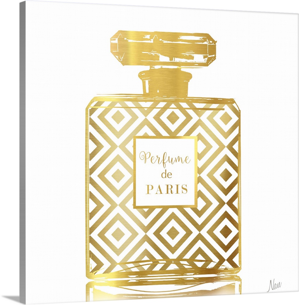 Fashionable square decor with a metallic gold Perfume de Paris bottle on a white background.