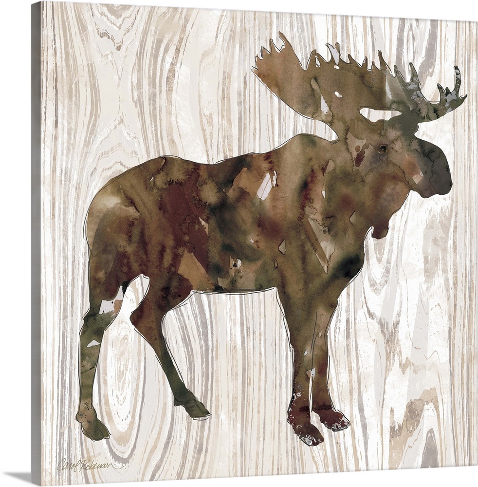 Watercolor silhouette of a moose on a wood-grain pattern.