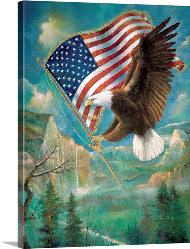 Illustration of a Bald Eagle in flight over a mountain valley, holding an American Flag.