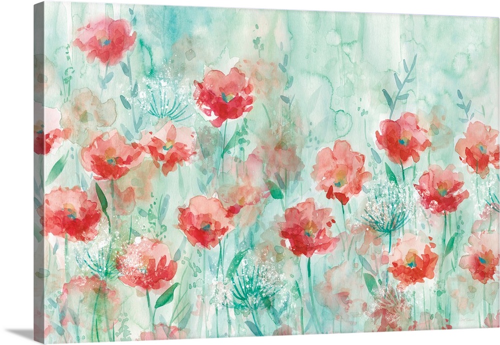 Large watercolor painting of a garden filled with poppy and queen anne flowers with a blue-green background.
