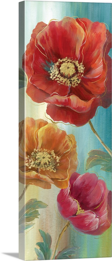 Large panel painting of poppy flowers in orange, red, pink, and purple with metallic gold outlines, on a blue and gold bac...