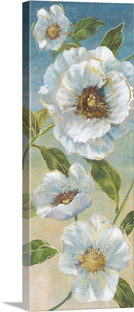 Tall panel painting of white poppies with metallic gold highlights on a blue and tan background.