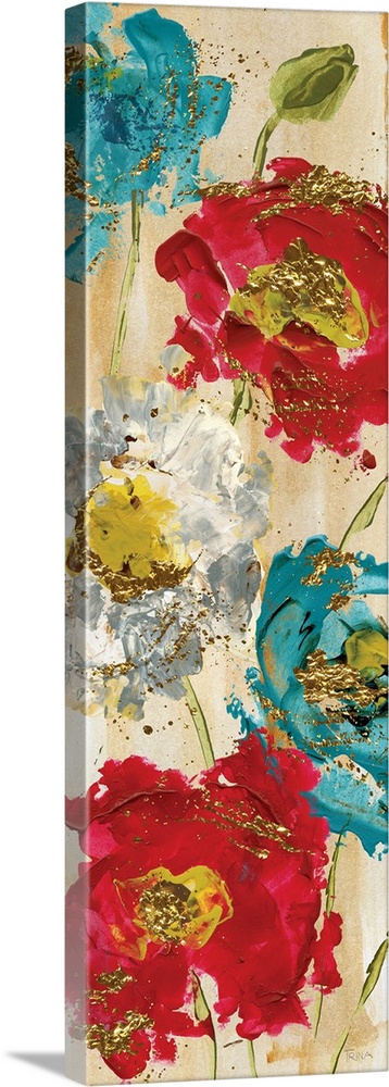 Tall contemporary painting of red, white, and blue poppy flowers on a faint gold background with metallic gold paint decor...