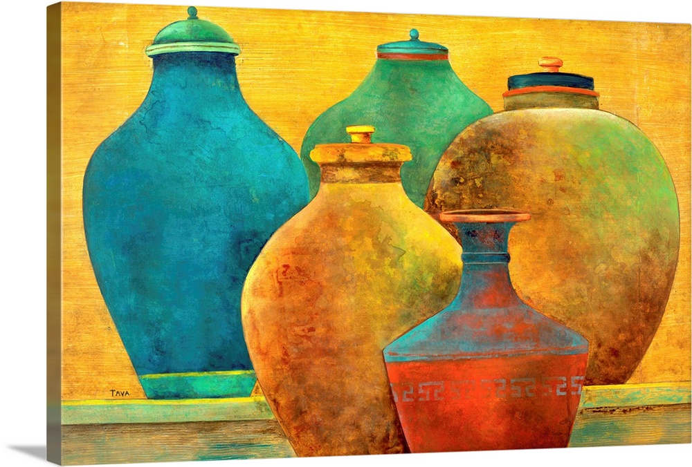 Still life painting of colorful pottery.