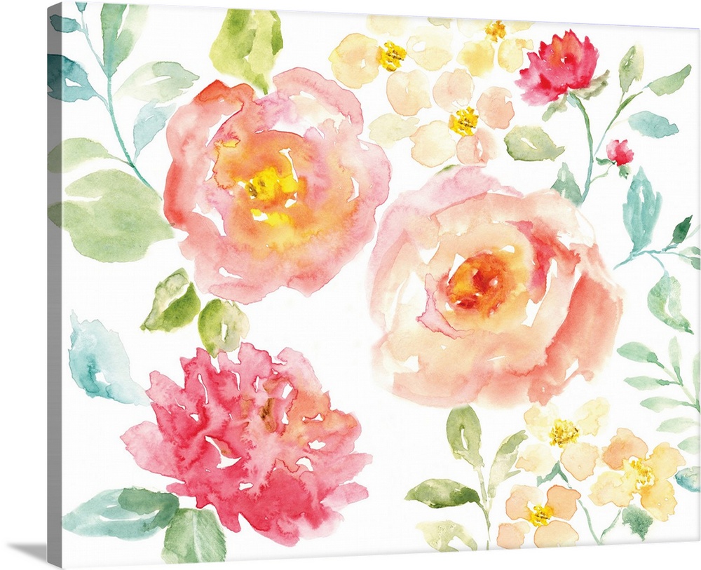 Large watercolor painting of pink flowers with green and blue toned leaves and stems on a white background.