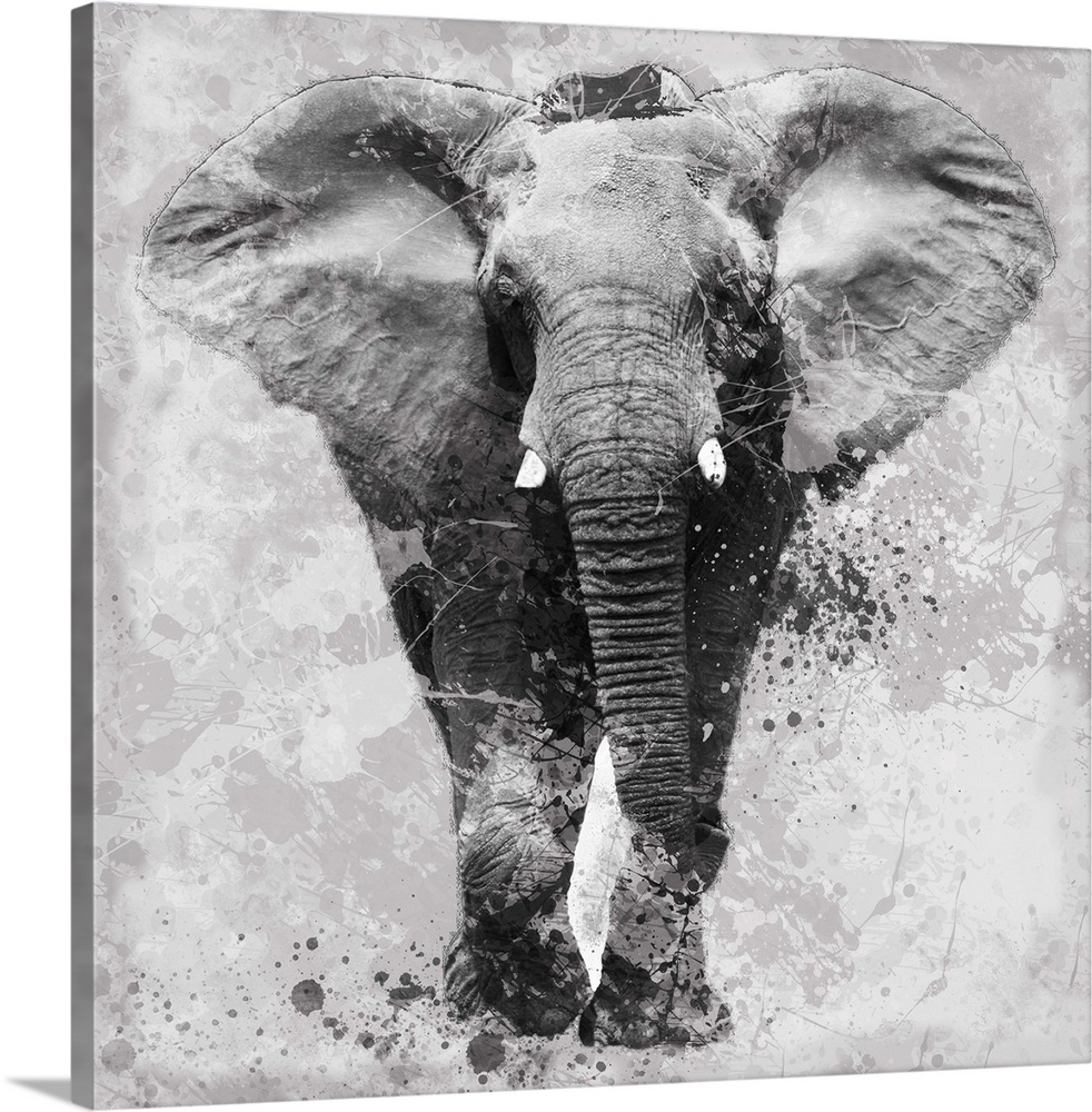 Contemporary artwork of an elephant against a textured looking background with an overall grungy and distressed look.