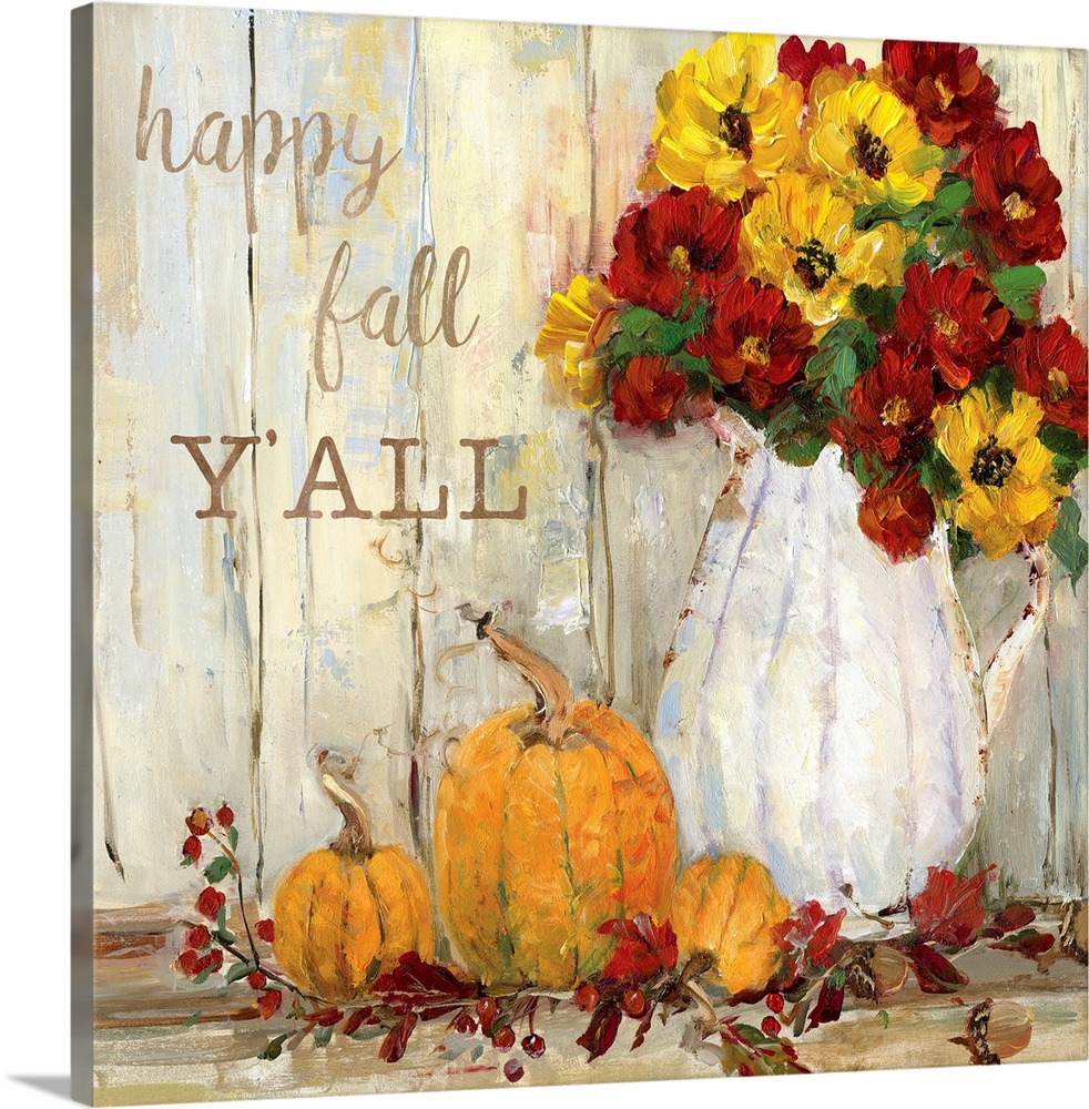 "Happy Fall Y'all" written on a square canvas with illustrated pumpkins, flowers, acorns, and Fall leaves.