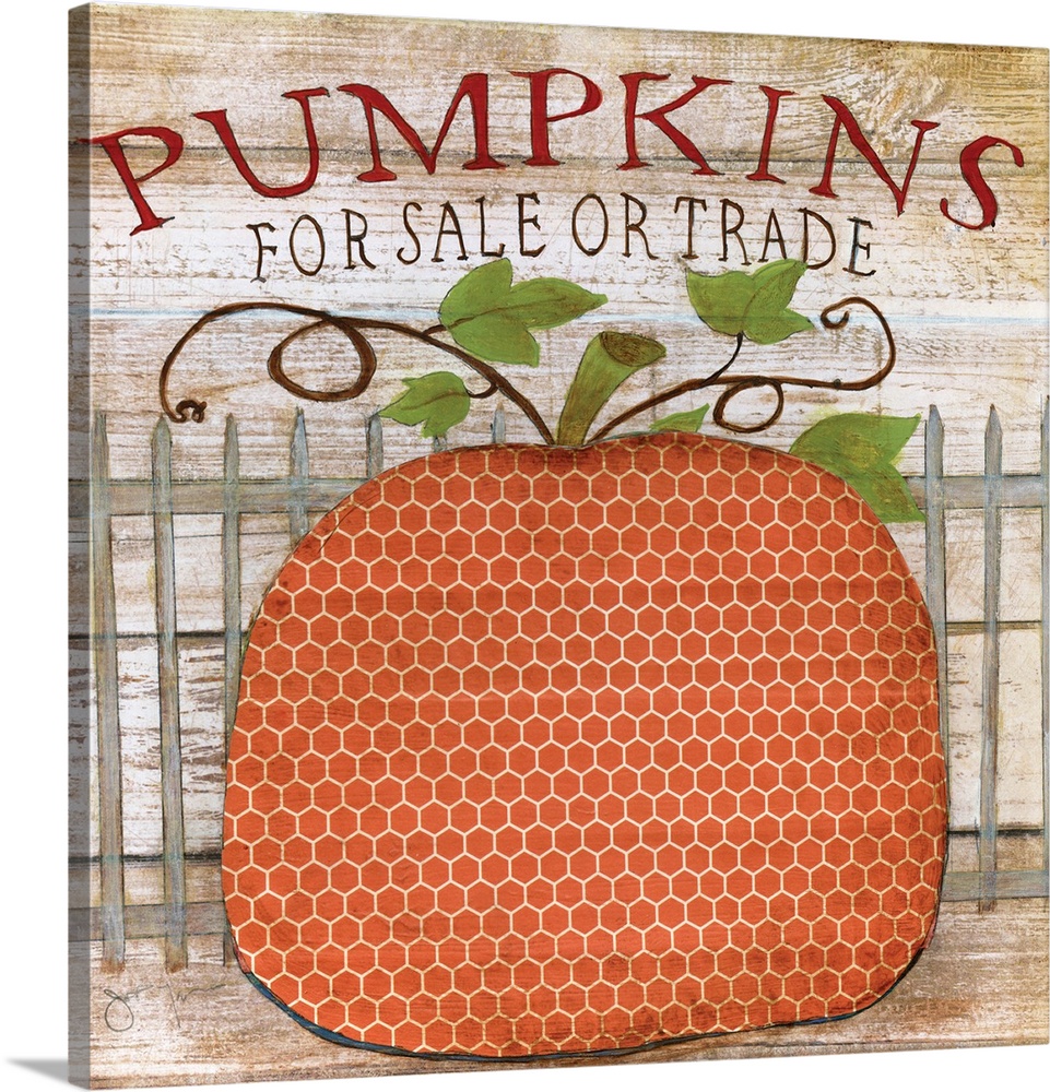 A painting of a decorative pumpkin with a white picket fence behind it on a wooden background and the quote ?Pumpkins for ...