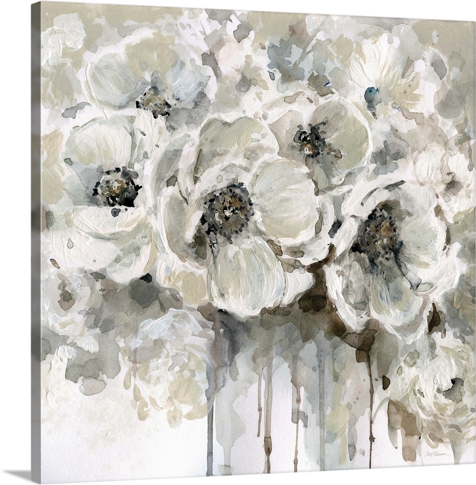 Square painting of a bouquet of white poppies with paint dripping down to the bottom.