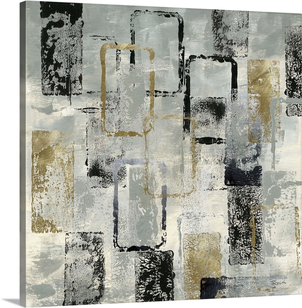 Square abstract painting with gold and black rectangles on a silver and cream background with a sponge-like texture.