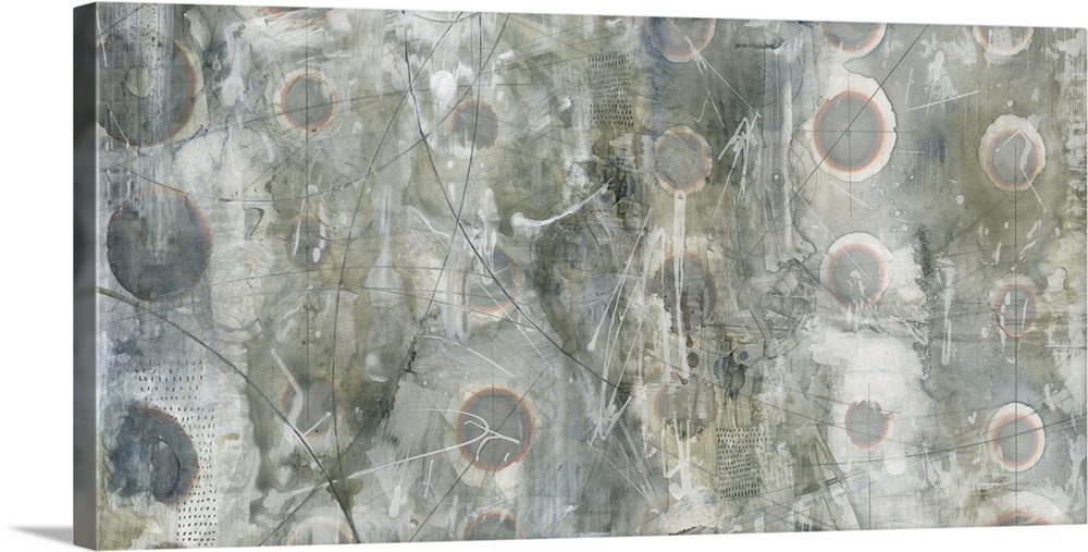 A large abstract painting in varies shades of grey with circular shapes and curved lines.