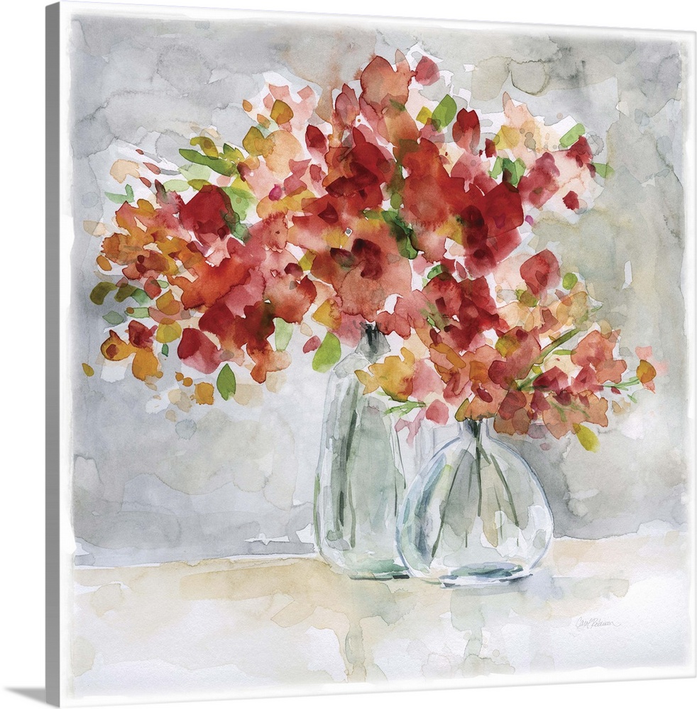 Beautiful square watercolor painting of red and orange flowers in glass vases on a gray and tan background.