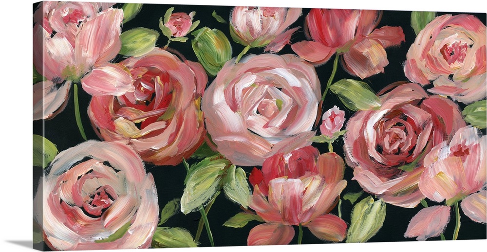 A long horizontal painting of large pink/red roses and leaves on a black background.