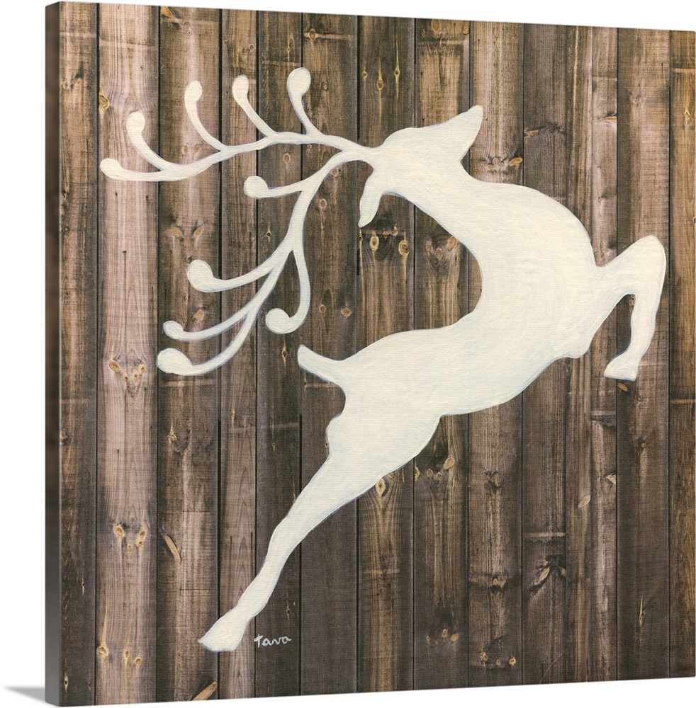 A decorative painting of a white reindeer silhouette on a wood background.
