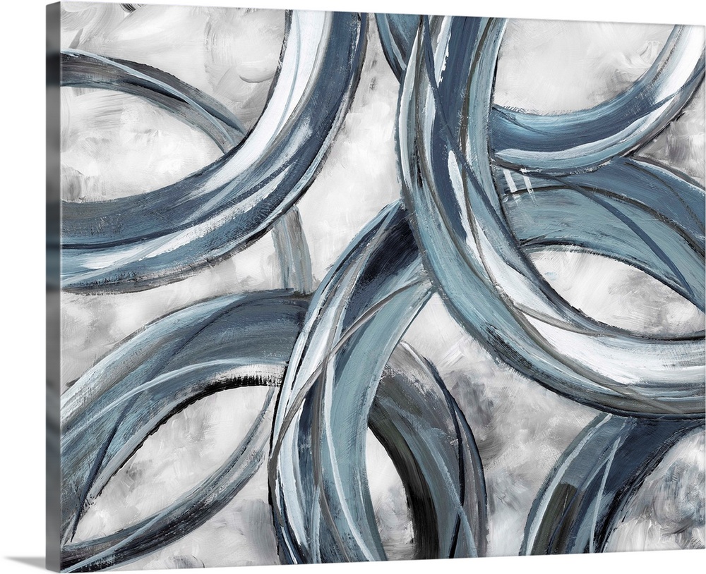 Partially hidden rings of blue and gray brush strokes are displayed against a light background in this abstract painting.