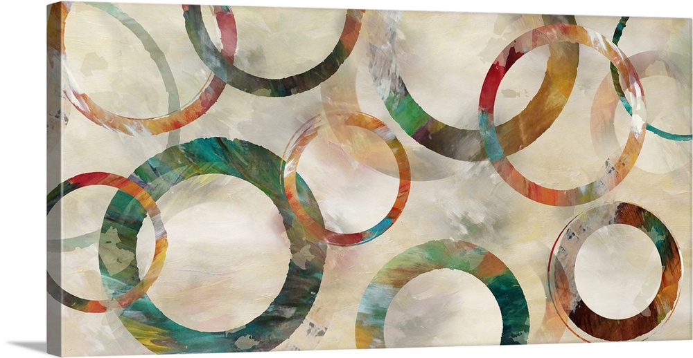 Colorful textured painted rings in various thicknesses are arranged on neutral brushstrokes backdrop.