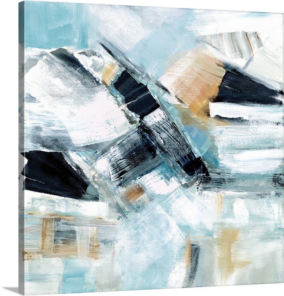 Busy square abstract painting in shades of blue, tan, and grey.