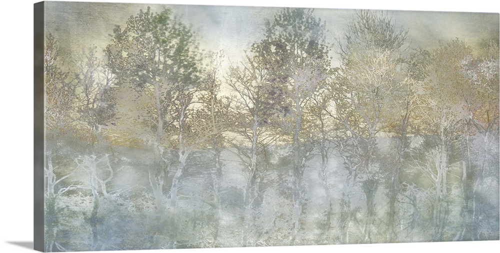 Semi-abstract artwork of a forest of misty trees in shades of pale brown and blue.